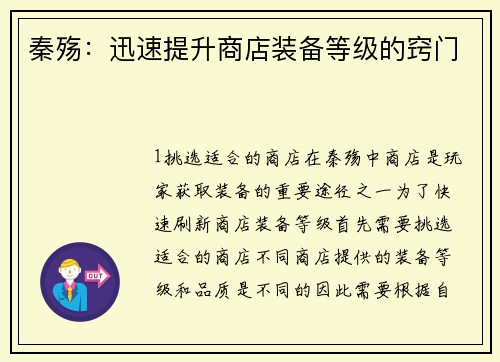 秦殇：迅速提升商店装备等级的窍门